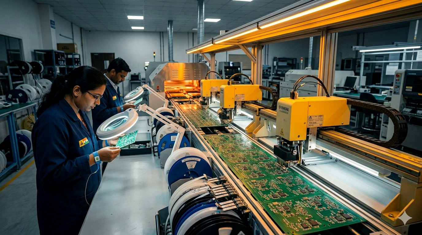 Final-assembly line at the Smooth Power Sahibabad factory: two Indian operators in deep-red ESD smocks, white gloves and anti-static wrist straps calmly inspecting and placing finished silver-grey LED driver PCBs into polyurethane-potted weatherproof enclosures. Neutral-white overhead task lighting, tidy bins of ferrites and toroidal chokes between them, crimson-red ceiling accent rail, a soft blue digital counter on the back wall reading UNITS TODAY 4812, more operators receding into soft-focus depth behind.