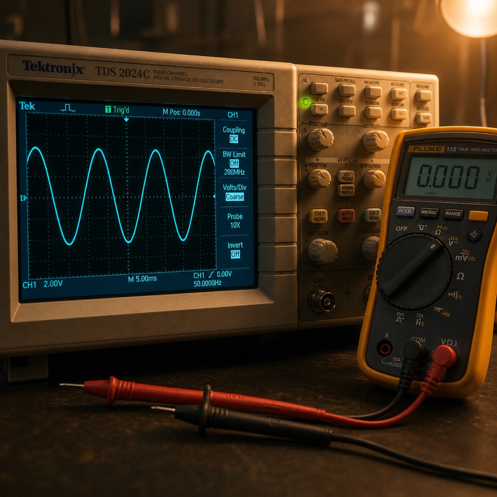 Engineer's gloved hand using a multimeter to verify the output of a powered LED driver PCB on the workbench, oscilloscope showing the output sine wave behind, lit LED panel beside
