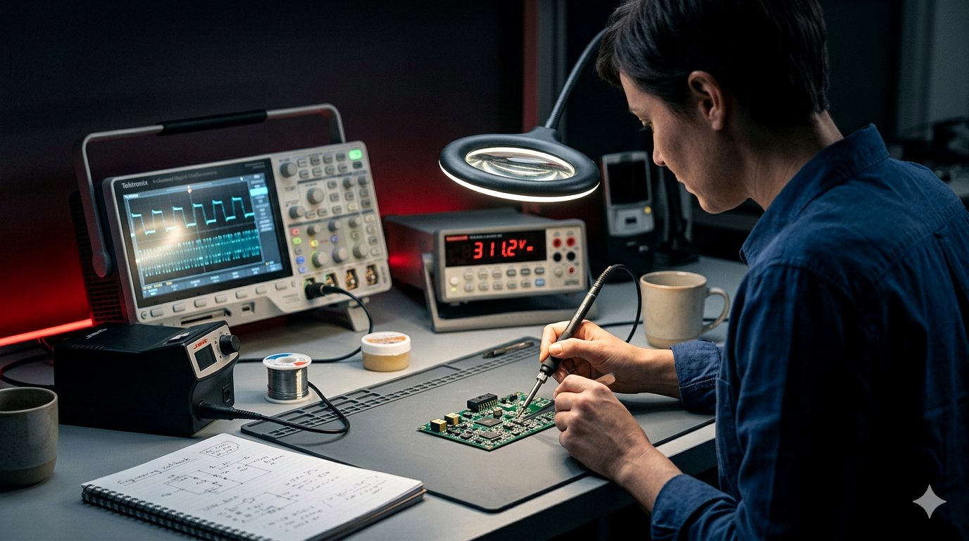 Electronics R&D engineer soldering a surface-mount component onto a prototype LED driver PCB, Tektronix oscilloscope glowing cyan with waveforms, bench multimeter reading 311.2&thinsp;V DC, magnifying lamp illuminating the bench, cinematic night lab