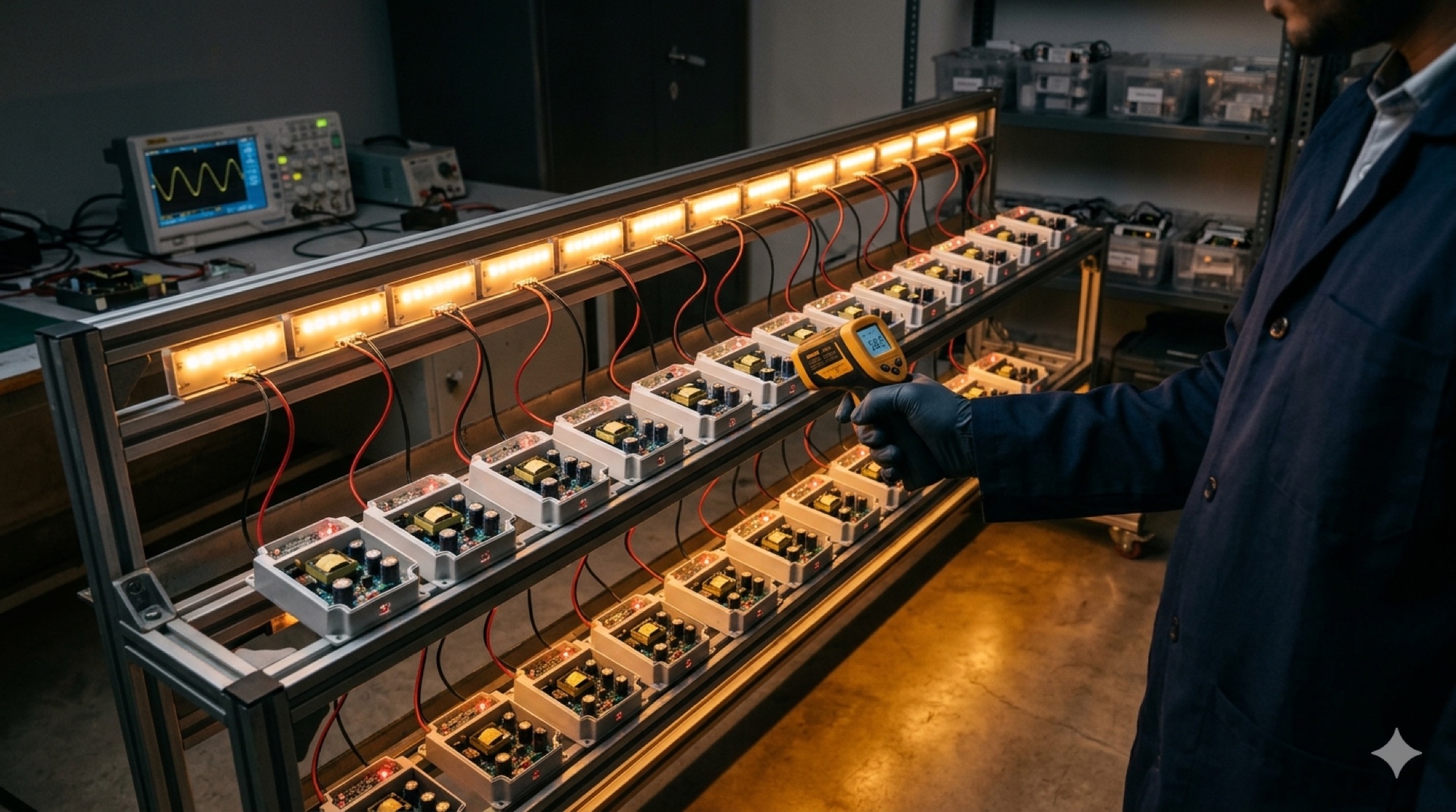 Smooth Power burn-in test rack: rows of open-frame LED driver PCBs running under load, warm-amber LED panels above verifying output, infrared thermometer spot-checking junction temperature, oscilloscope in the background